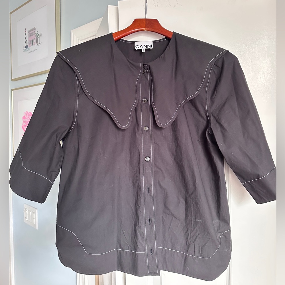Ganni Black Button-Up Blouse with Scalloped Collar Size 40 (8 US)